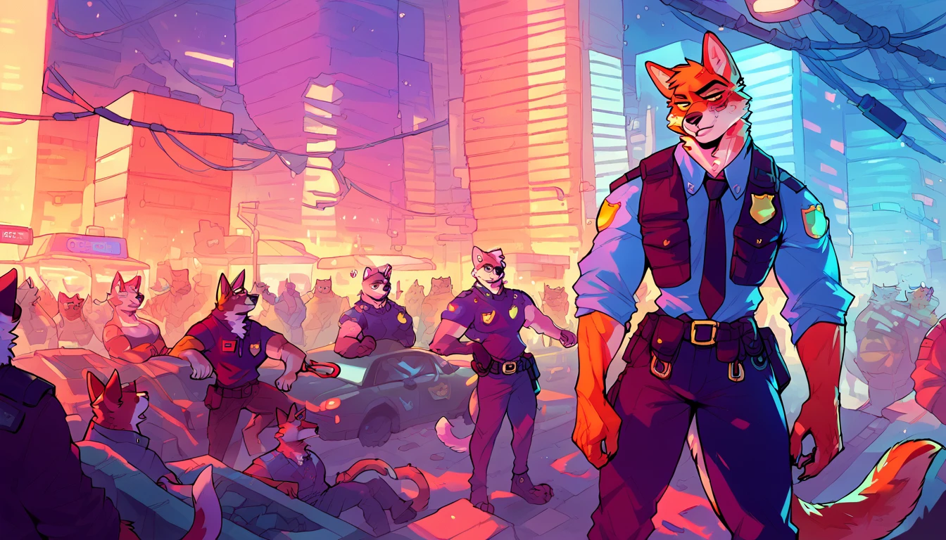 score_9, score_8_up, score_7_up, (cyberpunk city, daytime, sunny day, police office, buildings on background),
((Furry), anthro, male, (police crew: 1.35), standing, crowd, wearing police uniform, police crew, muscular body, beautiful, (wears cyberpunk additions, without an eye)