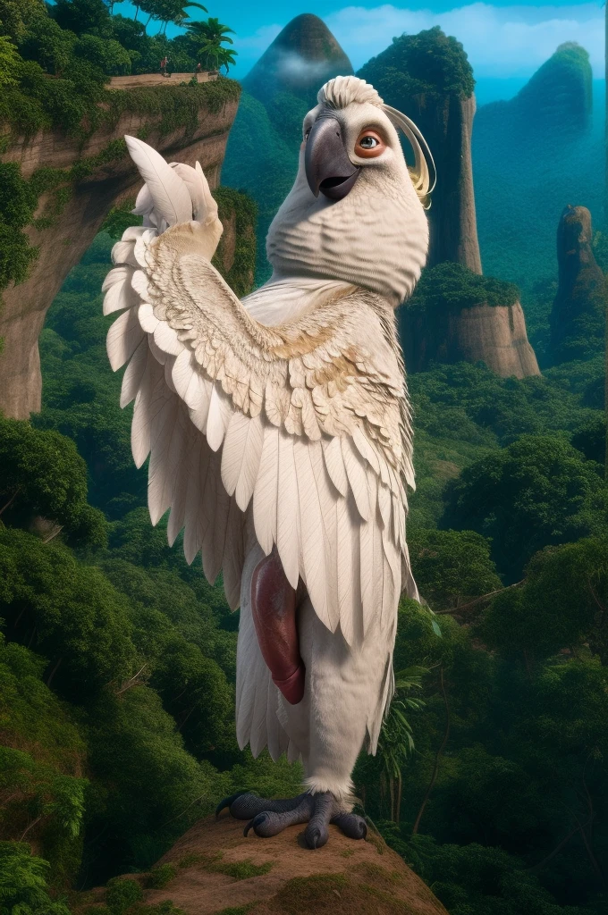 ((NSFW, sexual)), rio movie, jungle landscape, nigel a male white cockatoo avian, white feathers, ((anthro)), big size human body, furry, feathered arms, thick body, tall body, ((exposing big tapering penis, testicles)), standing, brown eyes, bedroom eyes, seductive, realistic, digitigrade legs, detailed eyes