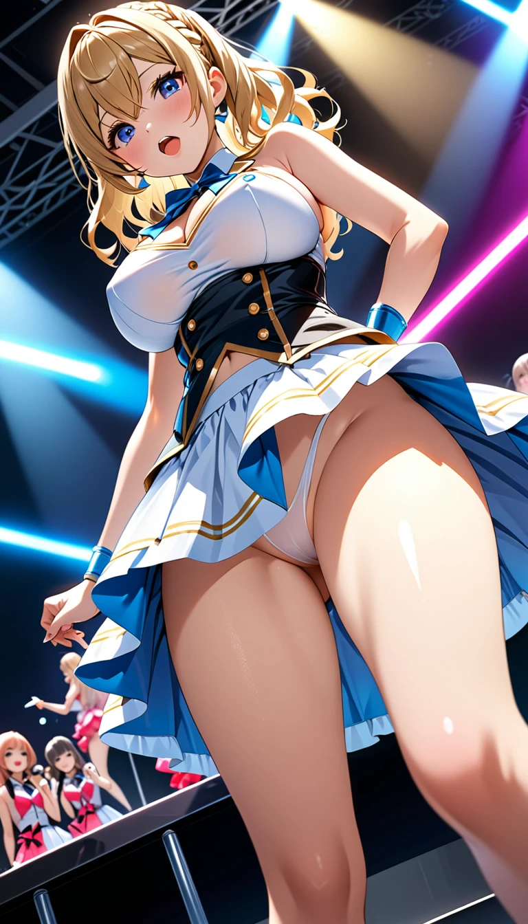 (Masterpiece、Highest quality、Very detailed、4K)、One Woman、17 years old、Big Breasts、Thighs、(Idol)、stand、(Angle from below)、No underwear