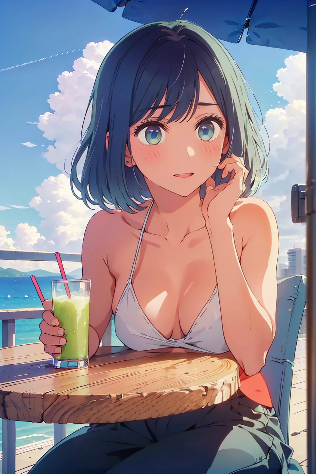 (Highest quality:1.4、8K:1.4、detailed)、F cup bust、Big Breasts、Slim body、Very white beautiful skin、((((1 person、Surprised expression、sit、Chair、In the background are the urban buildings of Tokyo、looking at the camera、Outdoor café terrace、coastal、Navy hair color、juice、Shooting up close、table、Very cute face))))、(Pose of putting hair behind ears with hands:1.4）、((nude、Areola))、Small size bikini、Very blue sky、A completely cloudless sky