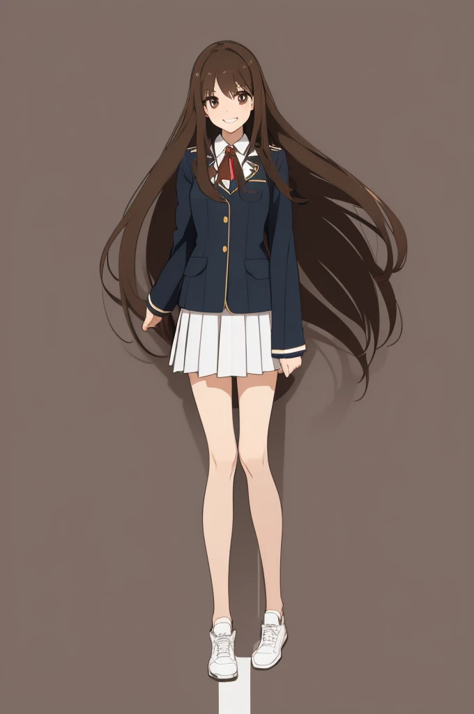 Please draw a high school girl with long brown hair.。Wearing a uniform。Standing with the whole body facing forward。The face is smiling。Keep your arms down at your sides。Please make sure to capture the entire body from the head up。No pose needed。Plain white background、Remove light and shadow effects。