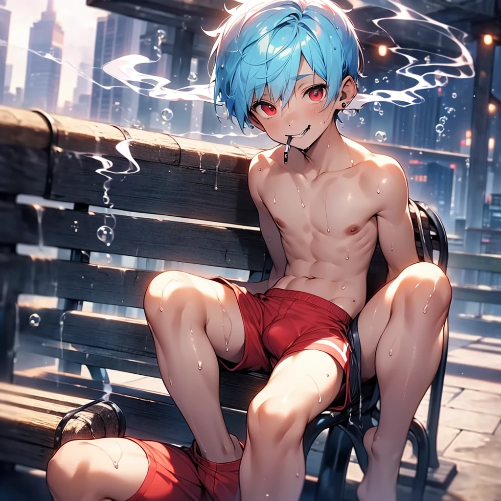 ((solo)), (boldline:-1.6), (smoking:1.6), (((bubble))), (sitting on bench:1.5), (spread legs:1.5), (((fang))), (((best finger))), BREAK (best quality:1.5), (absolutely resolution:1.5), (ultra detailed:1.5), (masterpiece:1.5), (perfect face:1.5), (detailed face:1.3), (detailed eyes:1.5), (best eyes:1.5), (cute face), (shota:1.7), BREAK (topless:1.5), BREAK (red short pants:1.5), (see throgh wet clothes:1.5), (bulge:1.6), (skinny:1.3), (spiked hair), BREAK (light blue hair:1.5), (wine red eyes:1.4), (eyes with highlight:1.6), ((mole under eye)), (sweaty skin), (chuckling:1.5), ((earrings)), (shiny skin:1.3), BREAK (garden), (building:1.5), (at twilight:1.5), ((wind blowing)), ((nipple)), abs, groin,