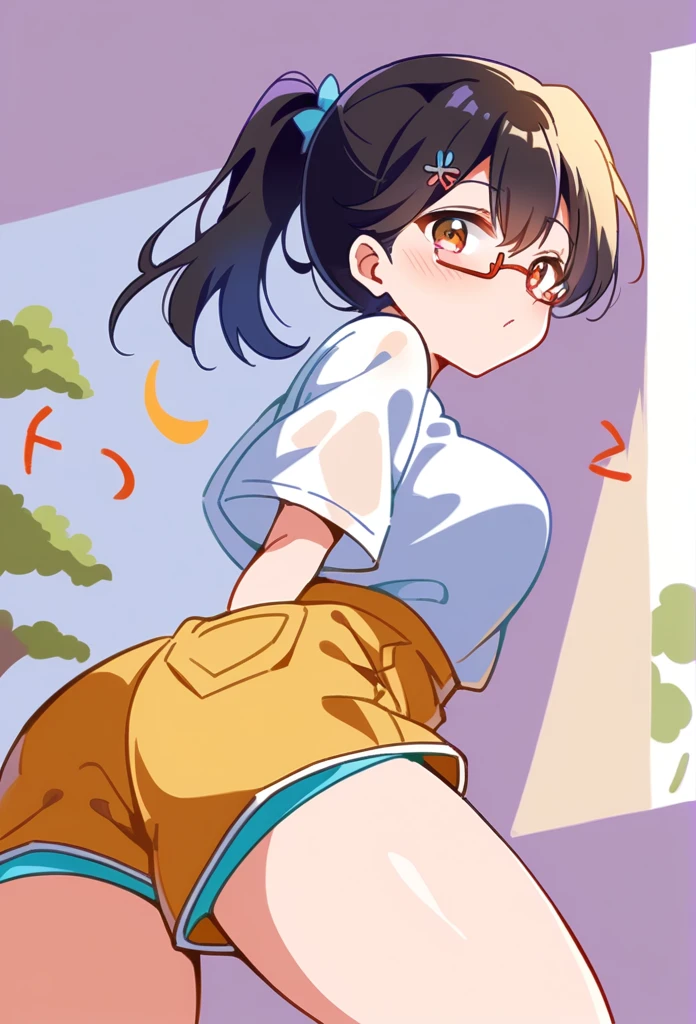 One person anime Middle school students Black hair ponytail Gentle face Rimless glasses are black Short Brown eyes, white shirt and navy blue shorts