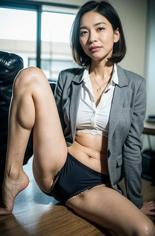 (((Spread your legs wide:1.35)))、(((Sexy panties:1.45)))、(((Sexy breasts:0.85)))、((Highest quality, 8K, masterpiece, masterpiece,Highest quality)), Glare, (One mature woman), ((From below:1, close:0.5, View your viewers)), ((short hair, Grey blazer, White shirt, eyelash, Lip gloss)), (Seductive look:1.5), (Chubby:0.2), ((close your eyes:0.85)), ((Straight View your viewers)), born, An empty office,