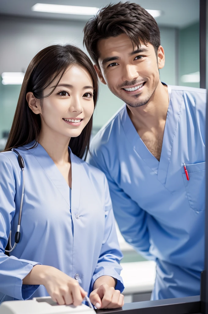 Male dentist and female dental hygienist　２people　A good business partner　日本people系　Wearing a lab coat　Wearing medical scrubs　Upper body close-up　high resolution　high resolution　Highest quality