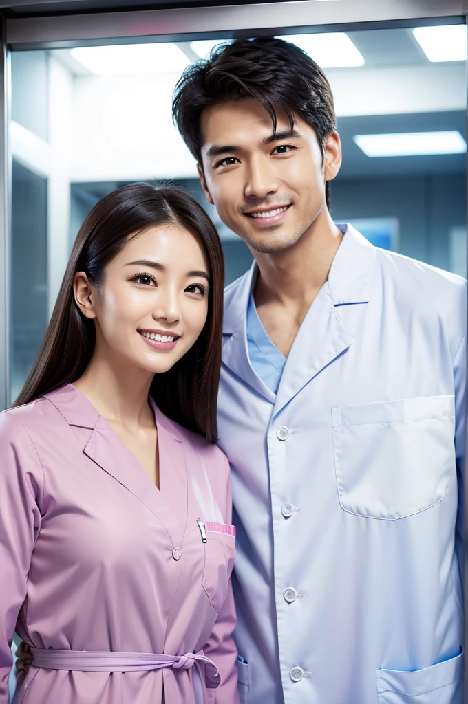 Male dentist and female dental hygienist　２people　A good business partner　日本people系　Wearing a lab coat　Wearing medical scrubs　Upper body close-up　high resolution　high resolution　Highest quality