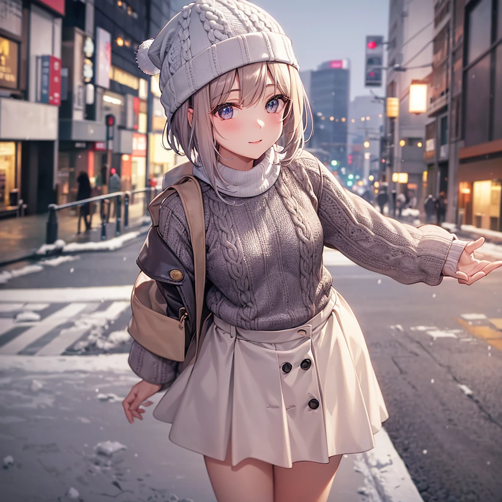 8K ultra-high quality,Super beautiful girl,Short Bob,Knitted sweater,Long skirt,Knitted hat,Small breasts,Tokyo in Winter,Deep snow々and raining