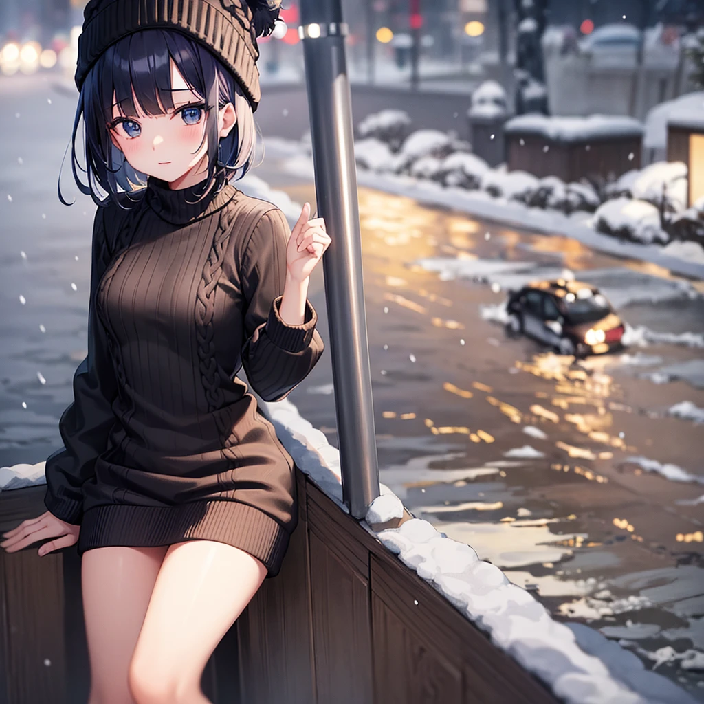 8K ultra-high quality，Super beautiful girl，Short Bob，Knitted sweater，Long skirt，Knitted hat，Small breasts，Tokyo in Winter，Deep snow々and raining