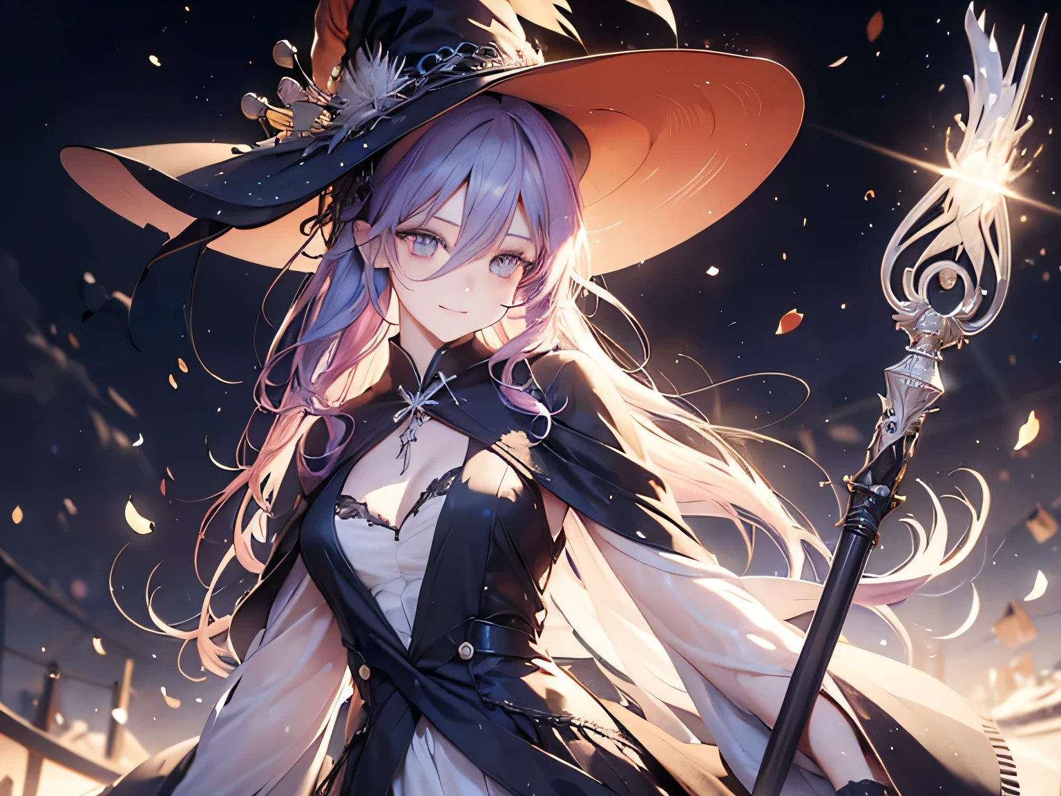 ((rainbow hair)), hair over shoulder, messy hair, hair over eyes, witch hat, wizard hat, grin, bright pupils, happy, anime, cinematic lighting, UHD, ((masterpiece)), super detail, (detailed eyes, detailed face), high quality, highres, high details, Witch with powerful magical light, female wizard, wide-brimmed hat, wizard's staff, wand, A torrent of light, colorful rays intersecting, (Right arm thrust out in front), orange costume, light blue hair, perfect body, sexy