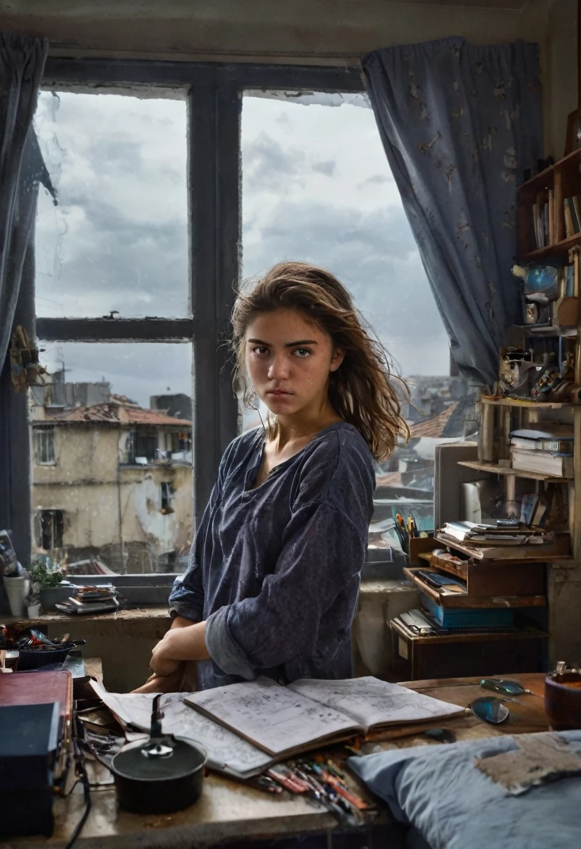 angry 18yo sister, bedroom, desk, messy room, realistic, looking at viewer, window, angry, arms behind back, from above, stormy sky, dim light at cozy bedroom,, (masterpiece, best quality, very aesthetic, ultra detailed), intricate details,