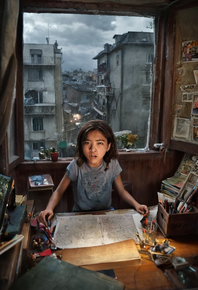 angry 18yo sister, bedroom, desk, messy room, realistic, looking at viewer, window, angry, arms behind back, from above, stormy sky, dim light at cozy bedroom,, (masterpiece, best quality, very aesthetic, ultra detailed), intricate details,
