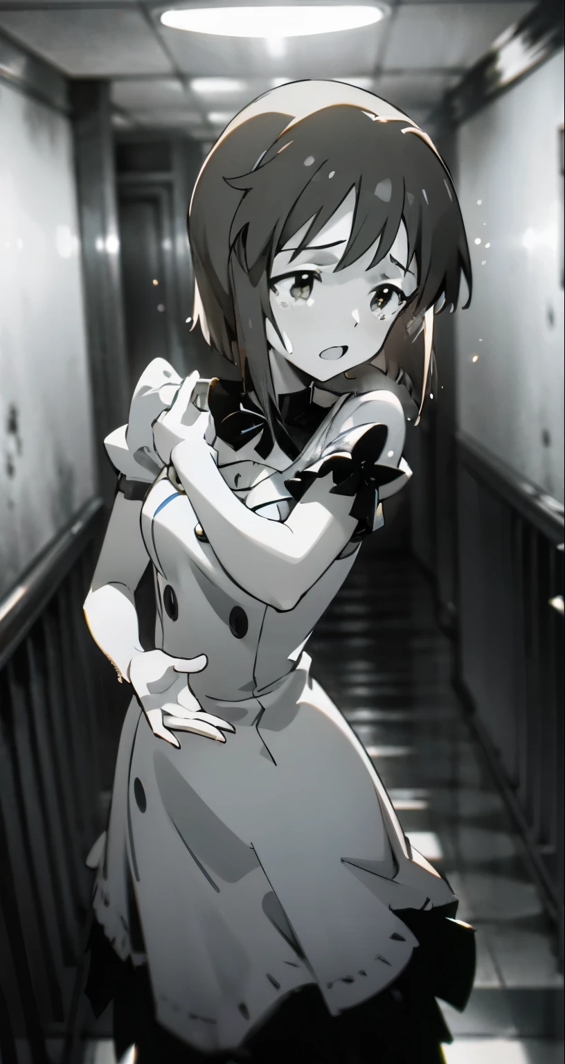 { masterpiece : best quality : high resolution : unity 8k wallpaper : illustration : beautiful detailed eyes : extremely detailed face : perfect lighting : extremely detailed CG : perfect hands : perfect anatomy }{ low lighting filter : monochrome horror colour : dark lighting : hallway } { Yukiho Hagiwara : perfectly shape breast : perfectly adult fit body : white one piece dress : getting possessed : mouth wide open : crying : body arcing }