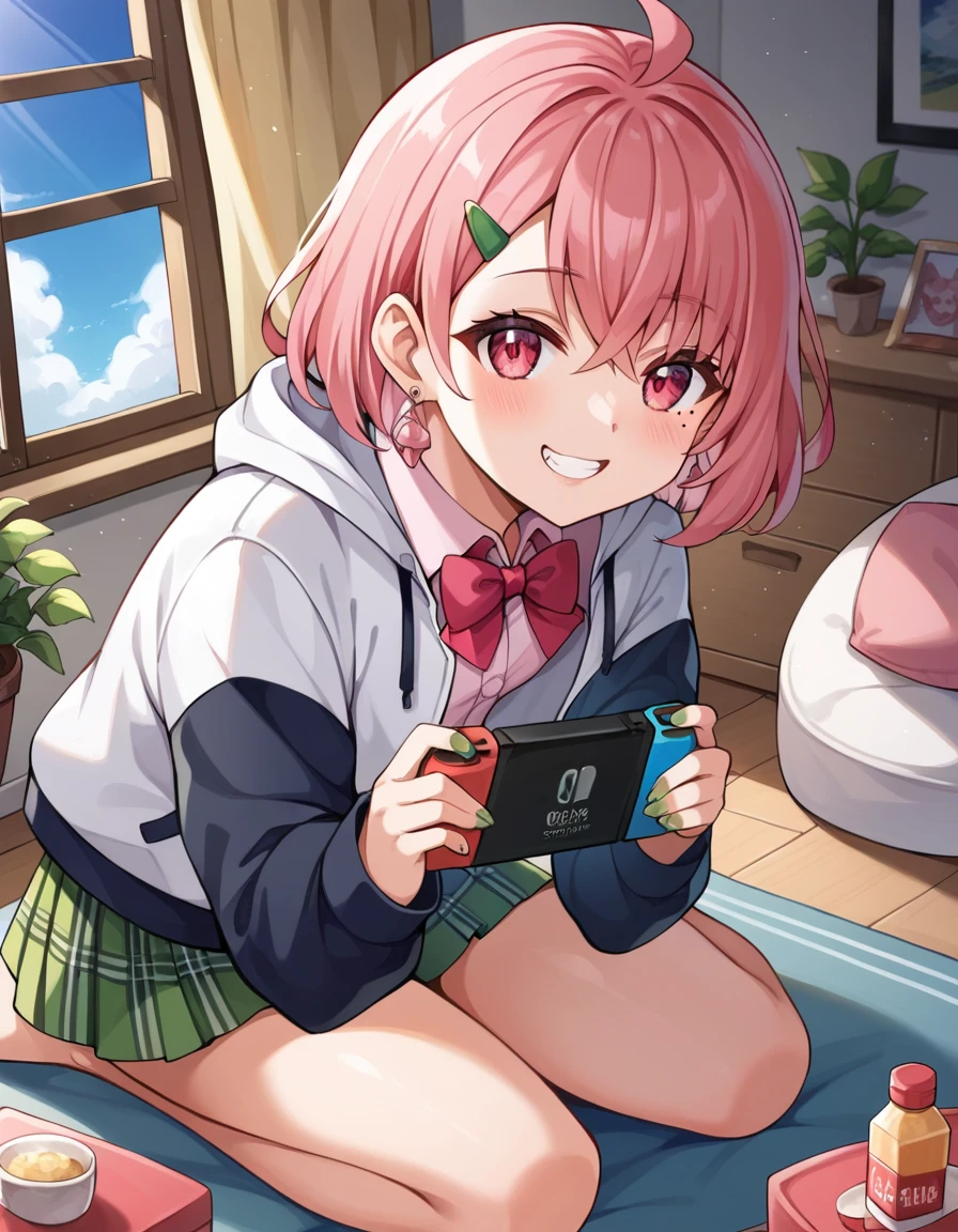 score_9, score_8_superior, score_7_superior, sauce_anime, evaluation_Safety, BREAK Sasaki Pocket, One girl, Virtual YouTuber, Pink Hair, Multicolored Hair, short hair, Ahoge, Pink Eyes, Green Claws, Mole under the eye, Hair Clip, Earrings, Animal Food, Panda Food, hood superior, Two-tone jacket, White jacket, Black sleeves, Long sleeve, Collared shirt, Pink Shirt, Red bow tie, Checked skirt, Green Skirt, Sitting, Grin, Nintendo Switch, Playing games, View your viewers, In-person audience, Dutch Angle, Particles of light, carpet, cushion, tv set, Potted plants, window, window shade, curtain, blue sky, cloud, sunlight