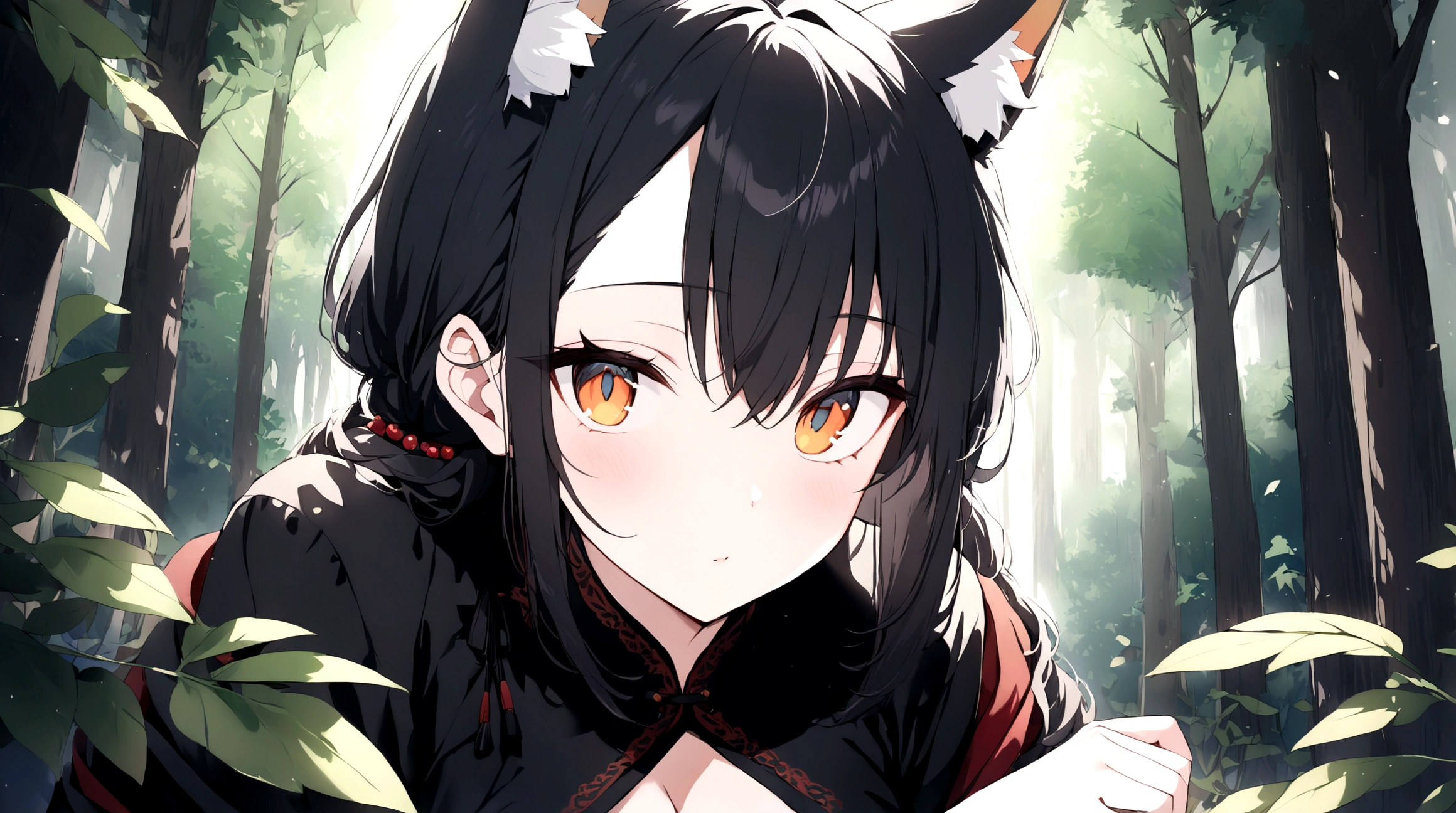 (1girl, Masterpiece, best quality) (detailed and beautiful eyes:1.6) (perfect hands, perfect anatomy, full body) Adult fox-girl Misaki has short, black hair styled in a slightly tousled manner and her fox ears are perked up attentively. She wears a long, black cloak adorned with intricate designs. Her outfit includes a high-collared dress with red accents and leather straps, emphasizing a combination of elegance and practicality. Misaki's orange eyes exude a sense of mystery and confidence. In the background, tall trees with soft, dappled light filtering through the leaves create a serene yet enigmatic atmosphere. 


