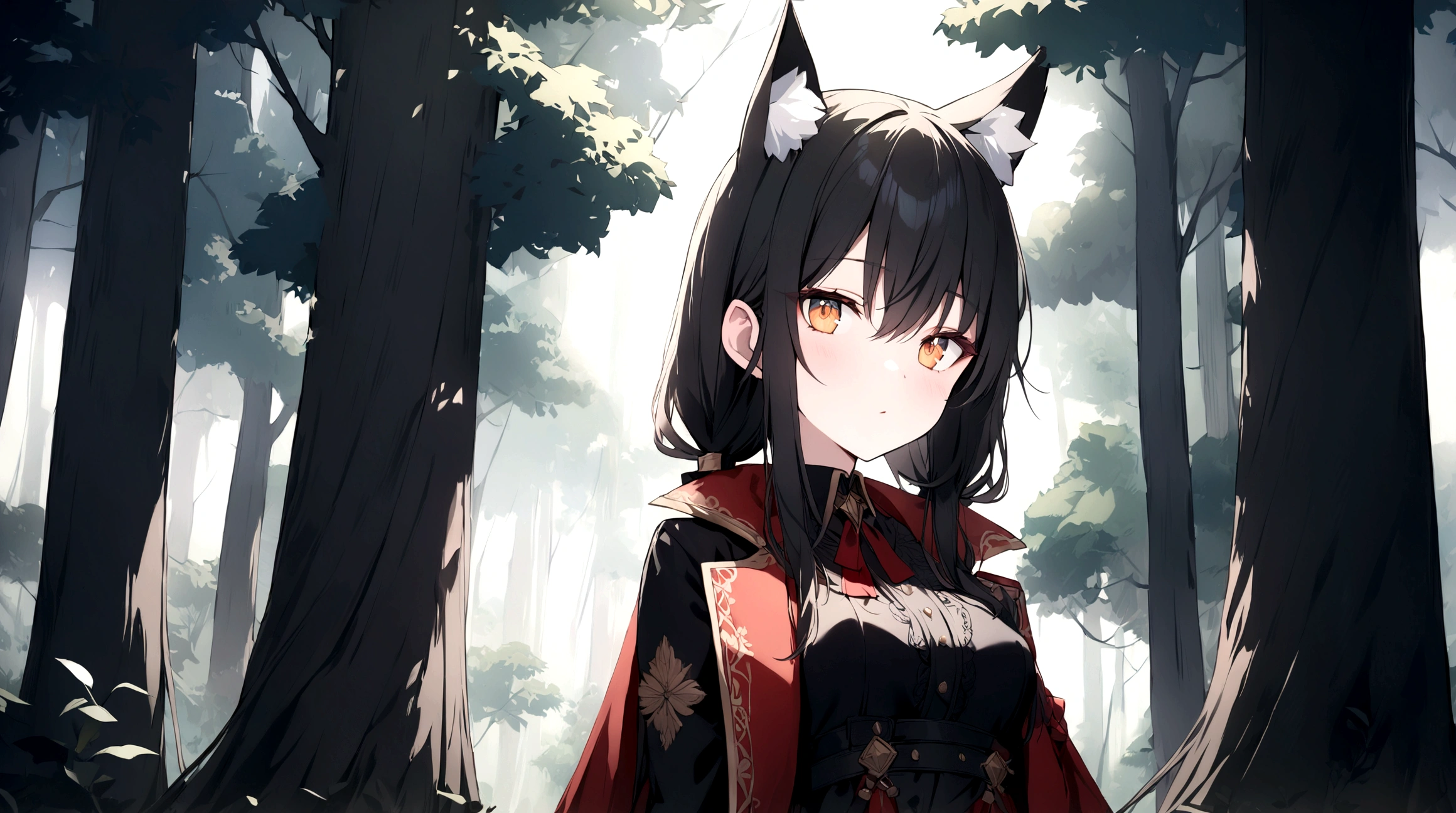 (1girl, Masterpiece, best quality) (detailed and beautiful eyes:1.6) (perfect hands, perfect anatomy, full body) Adult fox-girl Misaki has short, black hair styled in a slightly tousled manner and her fox ears are perked up attentively. She wears a long, black cloak adorned with intricate designs. Her outfit includes a high-collared dress with red accents and leather straps, emphasizing a combination of elegance and practicality. Misaki's orange eyes exude a sense of mystery and confidence. In the background, tall trees with soft, dappled light filtering through the leaves create a serene yet enigmatic atmosphere.