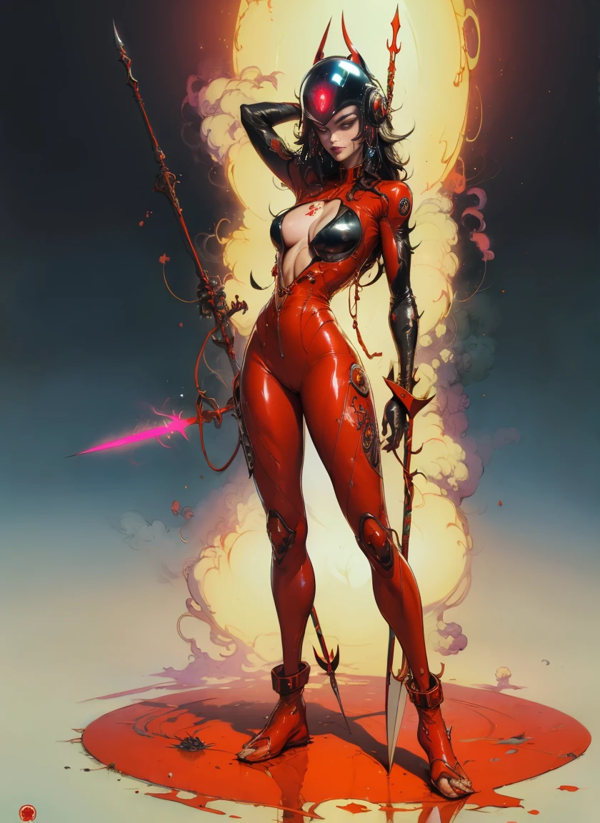 perfect proportions, anatomically correct, (head to toe: 2.0), (full body image: 2.0), solo, (Casshern: 1.6), extremely stylized, deviant art, masterpiece, highly detailed, detailed eyes, expressive detailed eyes, detailed pupils, futuristic, ((1950s scifi helmet)), ((pointy helmet)), Rubber Gloss, (red flightsuit:1.4), white boots, entire body image, full body shot, nvinkpunk, professional photograph of alexander_skarsgard, tassles, large beads, large tassels, navy blue and white, cyberpunk, inkpunk, paint platter, ink splatter, (action pose:1.0), ((holding a two pronged spear))