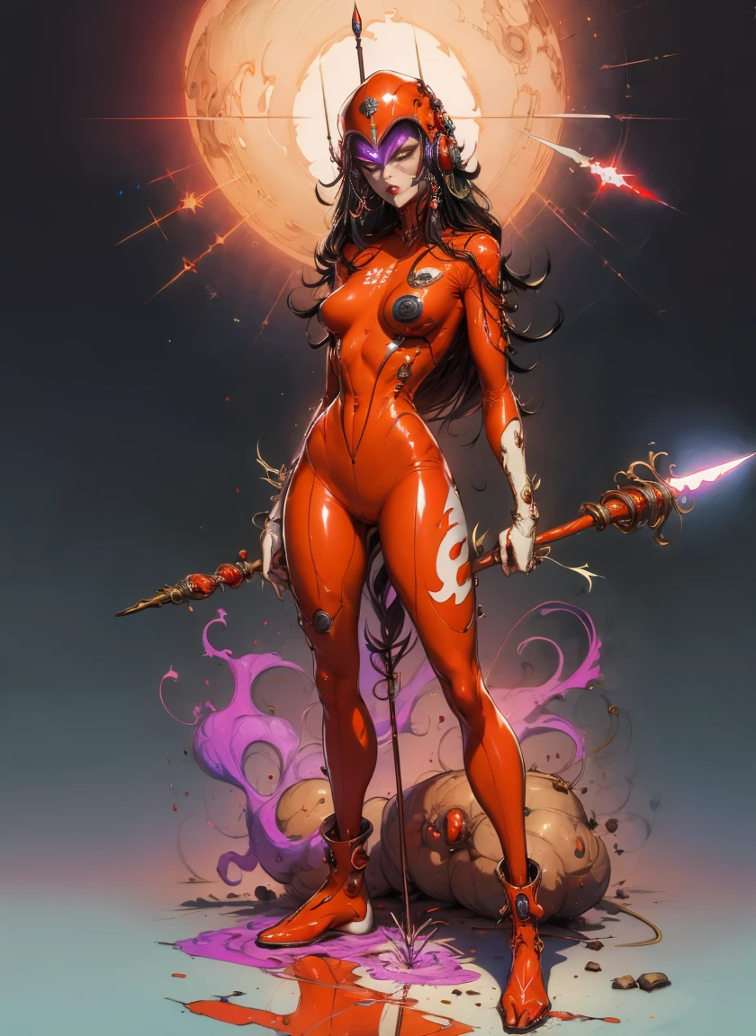 perfect proportions, anatomically correct, (head to toe: 2.0), (full body image: 2.0), solo, (Casshern: 1.6), extremely stylized, deviant art, masterpiece, highly detailed, detailed eyes, expressive detailed eyes, detailed pupils, futuristic, ((1950s scifi helmet)), ((pointy helmet)), Rubber Gloss, (red flightsuit:1.4), white boots, entire body image, full body shot, nvinkpunk, professional photograph of alexander_skarsgard, tassles, large beads, large tassels, navy blue and white, cyberpunk, inkpunk, paint platter, ink splatter, (action pose:1.0), ((holding a two pronged spear))