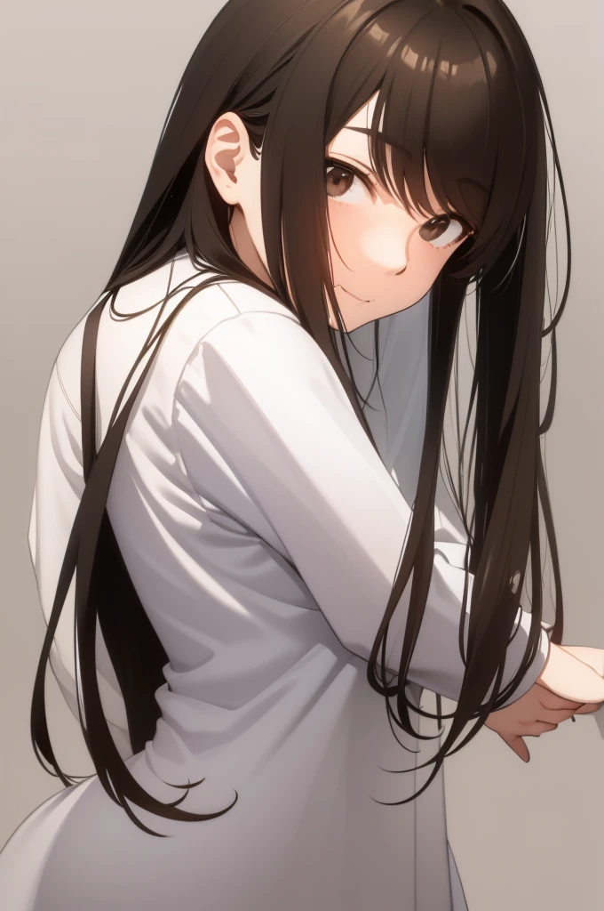 Please draw a high school girl with long brown hair.。wearing a white shirt。Standing with the whole body facing forward。The face is smiling with the mouth closed。Keep your arms down at your sides。Please shoot from the head to the upper body。No pose needed。Plain white background、Remove light and shadow effects。