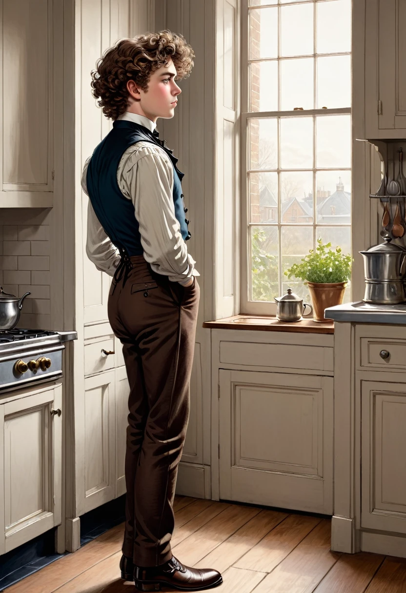 Full body shot in side view, young handsome Victorian boy with brown curly hair standing in an kitchen and looking out of the window coloured drawing in the style of 1871 Punch magazine illustrations. In the style of Charles Dana Gibson
