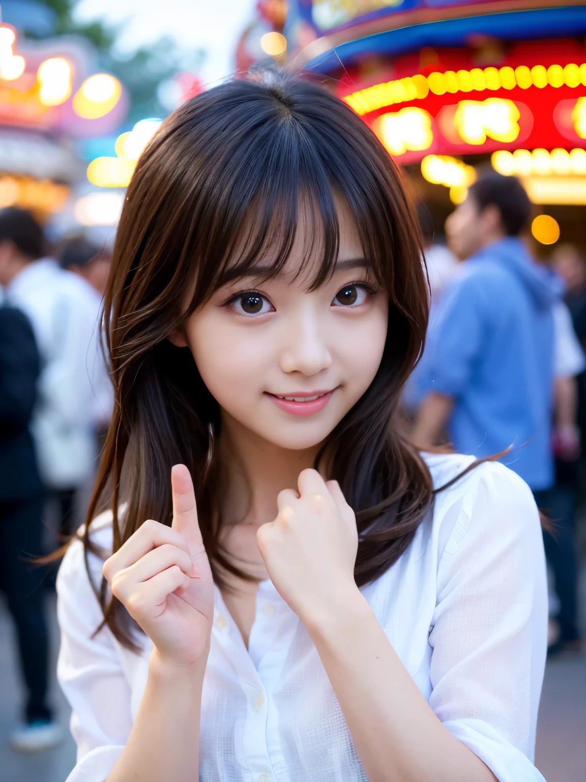 (Best-quality, Masterpiece, Ultra-High-Resolution, (Photorealistic:1.4), Raw Photo, depth of field, professional lighting, perfect anatomy, extremely details), 1girl, 15-years-old, the most famous Japanese idol, cowboy shot, dynamic pose, looking at viewer, innocent smile, ((having fun at amusement-park)), (extremely cute face like the most popular Japanese idol, ((extremely cute and extremely big eyes)), extremely realistic hair, extremely beautiful and extremely realistic skins), extremely cute long-eyelashes, extremely cute lips