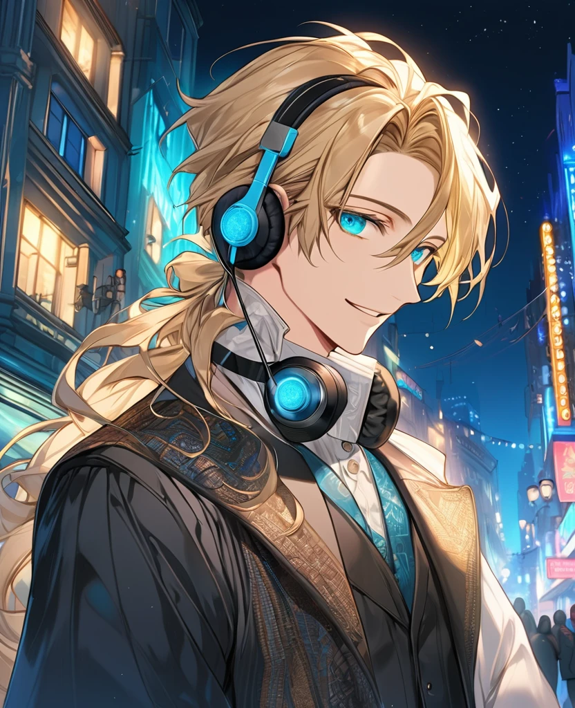 (Blonde_hair),(long_male_hair), (cyan_vibrant_eyes), (detailed_eyes), (warm_smile), (attractive), (background_colorful_night_city), (male), (detailed_Hair), (detailed), (wears_old_fashioned_outfit), (uses_one_sided_headset)