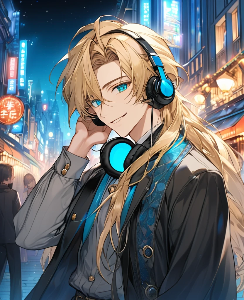  (Blonde_hair),(long_male_hair), (cyan_vibrant_eyes), (detailed_eyes), (warm_smile), (attractive), (background_colorful_night_city), (male), (detailed_Hair), (detailed), (wears_old_fashioned_outfit), (uses_one_sided_headset) 