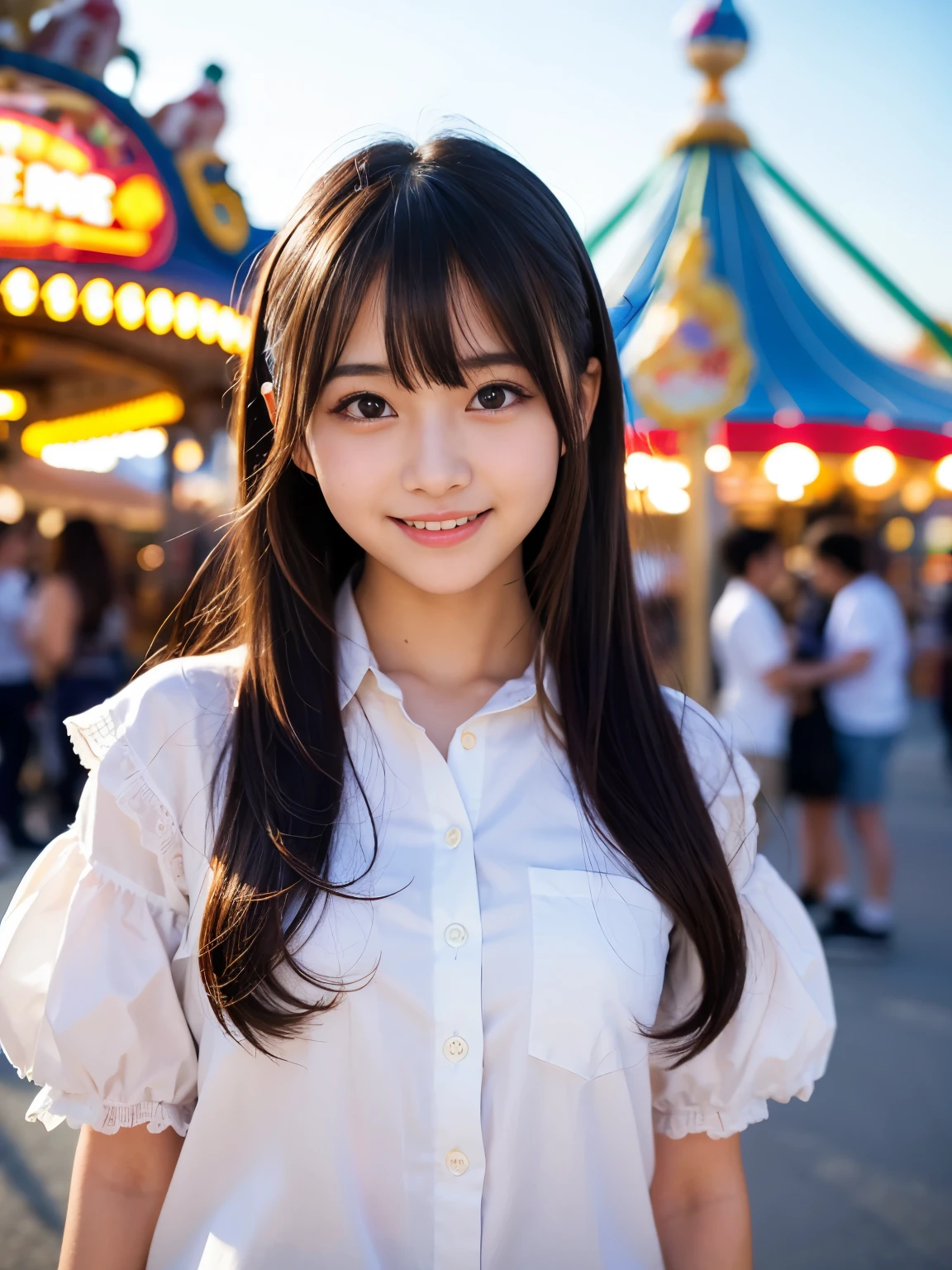 (Best-quality, Masterpiece, Ultra-High-Resolution, (Photorealistic:1.4), Raw Photo, depth of field, professional lighting, perfect ???????, extremely details), 1girl, 15-years-old, the most famous Japanese idol, cowboy shot, dynamic pose, looking at viewer, innocent smile, ((having fun at amusement-park)), (extremely cute face like the most popular Japanese idol, ((extremely cute and extremely big eyes)), extremely realistic hair, extremely beautiful and extremely realistic skins), extremely cute long-eyelashes, extremely cute lips