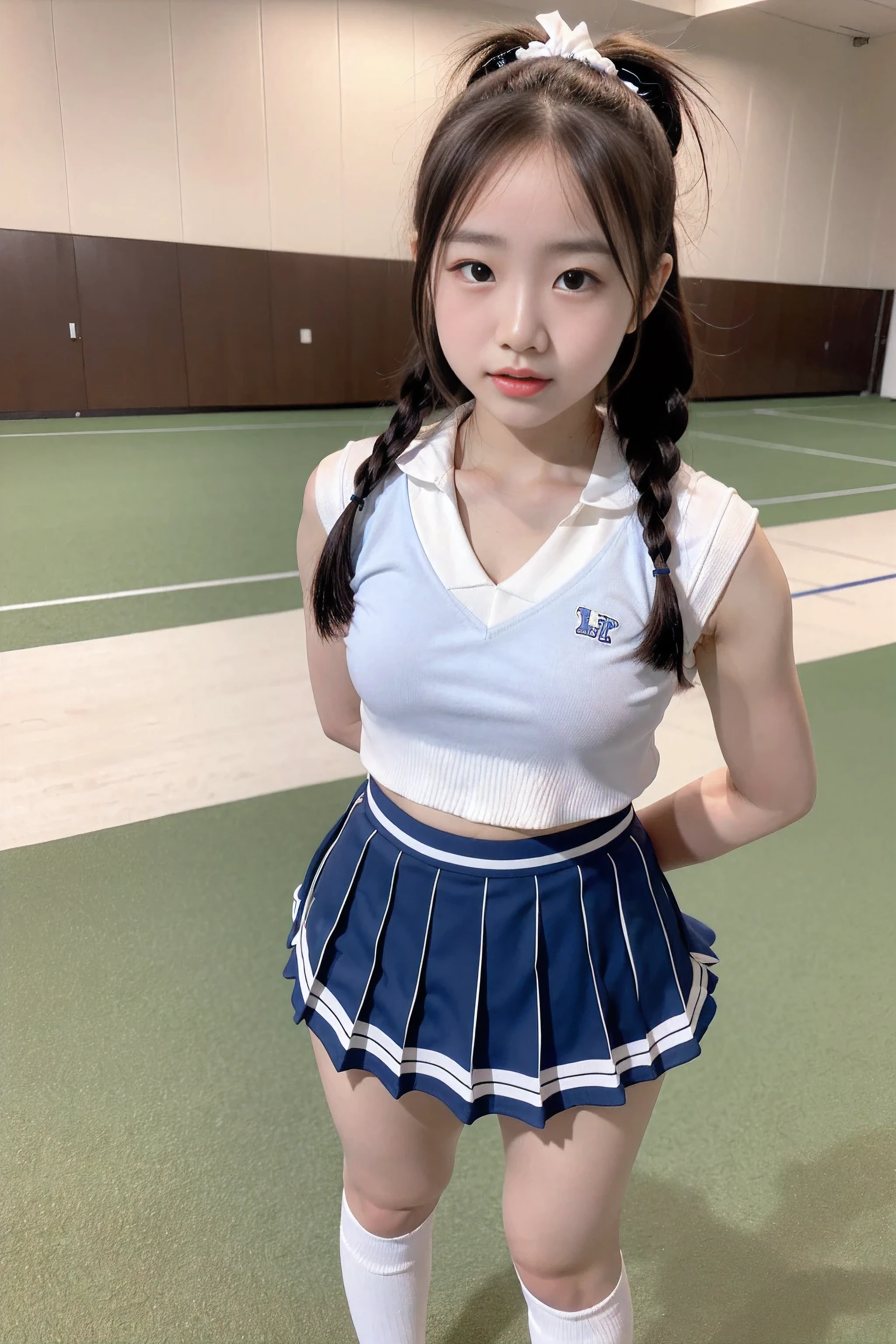 simple background, cowboy shot, symmetrical, uniform spacing, standing straight for camera, ((arms behind back)), one cheerleader girl, (18 years old), ((("CHEER" on chest, pleated mini skirt, socks)))