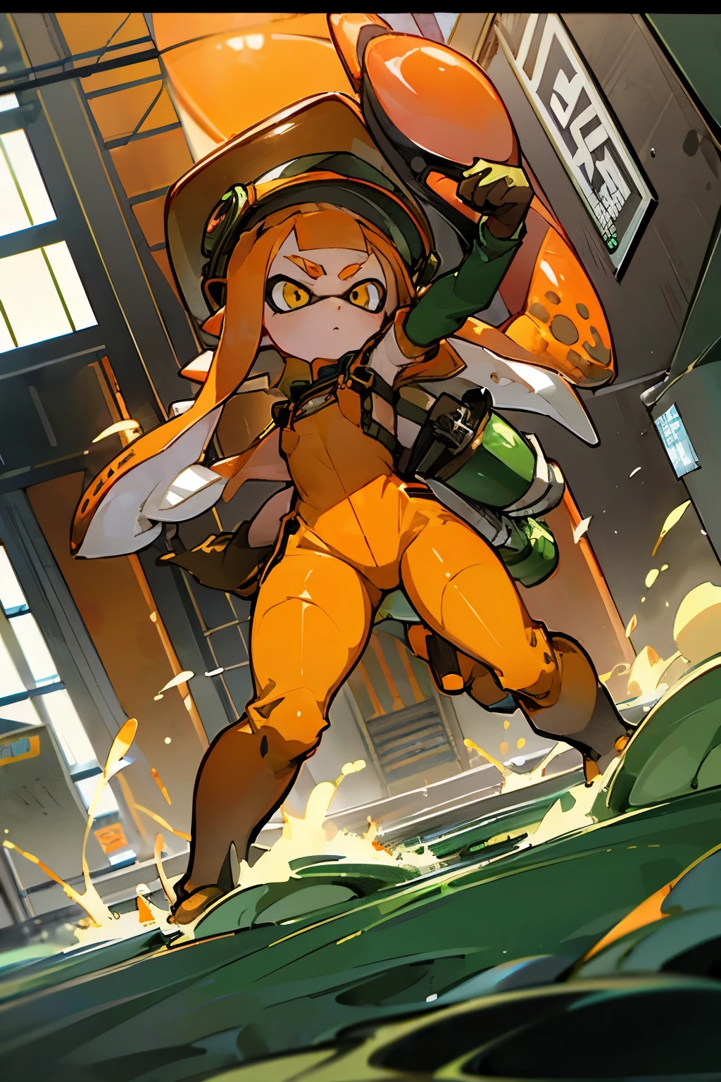 masterpiece、Highest quality、High resolution、Ultra-detailed cinematic visual art、Real Anime、3d、(Splatoon girl wearing orange construction work clothes)、((Orange jumpsuit、Orange long overalls))、Black safety belt on shoulder、Black harness belt、((Green rubber boots、Green rubber gloves、orange helmet))、Big Breasts、Cleavage、Open front clothing、Dam construction、Battle stance on water、dynamic battle pose、Waterlogged ground、Golden Eyes、Golden tentacle hair、A slightly thinner face、Glaring Eyes、Cool expression with mouth open、V-shaped eyebrows、Daytime、、In the background is the silhouette of a school of giant monster fish、Visuals that attack、Glowing Eyes Monster、、Contrast taking advantage of the screen height、