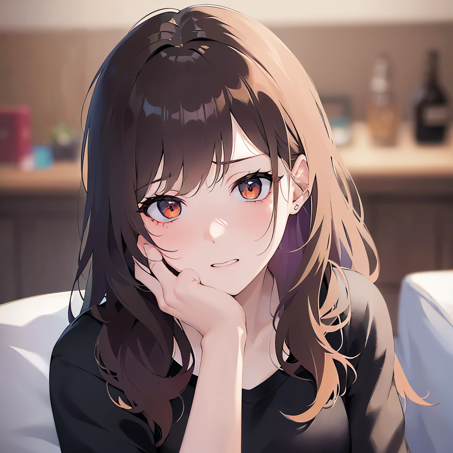 (Placing hand on face:1.3), looking up, Shooting from above、Realistic, real person, (pale skin: 1.2), upper body, RAW photo, photorealistic, shiny skin, shiny hair、(A 25-year-old woman with medium-length hair and bangs) and (wavy hair) and (brown hair) and (Orange Eyes) , (Black T-shirt) 、(embarrassed:1.5), The background is the living room、Alone、Are standing