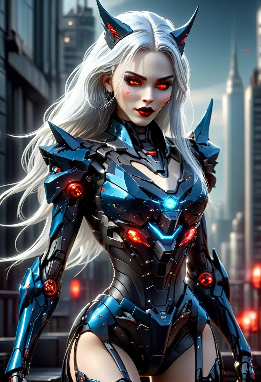 ((a photorealistic glamour full body shot of an exquisite, glamour mecha female vampire: 1.5)), ((full body: 1.3)), ultra feminine, pale face, silver hair, long vibrant shiny hair, glamorous hair,  red eyes, miniatures mechanical , deep penetrating eyes, red lips, lustful lips, ((two visible vampiric fangs: 1.5), drops of blood dripping from the mouth, ((cyberpunk style: 1.5)), she wears (blue elegant glamour dress, with small delicate mechanical parts: 1.4), digital parts,  intricate details, the dress is studded with diamonds, tight suit, dynamic color, high heels, cyberpunk street at night background, (highest quality:1.2, Very detailed, up to date, Vibrant, Ultra-high resolution, High Contrast, masterpiece:1.2, highest quality, Best aesthetics), best details, best quality, highres, ultra wide angle, 16k, [ultra detailed], masterpiece, best quality, (extremely detailed), Genetically modified..., Cinematic Hollywood Film, aetherpunkai