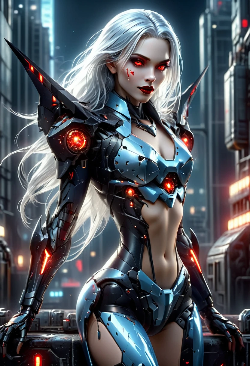 ((a photorealistic glamour full body shot of an exquisite, glamour mecha female vampire: 1.5)), ((full body: 1.3)), ultra feminine, pale face, silver hair, long vibrant shiny hair, glamorous hair,  red eyes, miniatures mechanical , deep penetrating eyes, red lips, lustful lips, ((two visible vampiric fangs: 1.5), drops of blood dripping from the mouth, ((cyberpunk style: 1.5)), she wears (blue elegant glamour dress, with small delicate mechanical parts: 1.4), digital parts,  intricate details, the dress is studded with diamonds, tight suit, dynamic color, high heels, cyberpunk street at night background, (highest quality:1.2, Very detailed, up to date, Vibrant, Ultra-high resolution, High Contrast, masterpiece:1.2, highest quality, Best aesthetics), best details, best quality, highres, ultra wide angle, 16k, [ultra detailed], masterpiece, best quality, (extremely detailed), Genetically modified..., Cinematic Hollywood Film, aetherpunkai