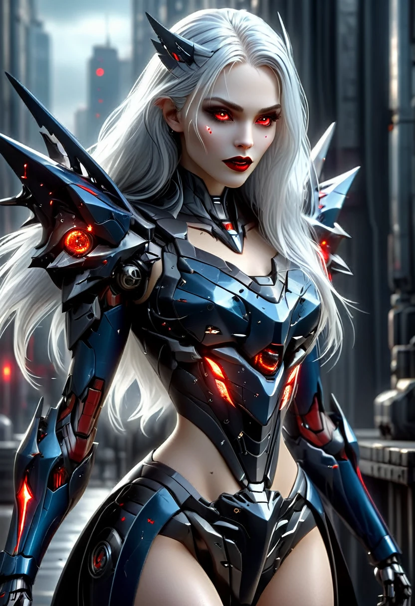 ((a photorealistic glamour full body shot of an exquisite, glamour mecha female vampire: 1.5)), ((full body: 1.3)), ultra feminine, pale face, silver hair, long vibrant shiny hair, glamorous hair,  red eyes, miniatures mechanical , deep penetrating eyes, red lips, lustful lips, ((two visible vampiric fangs: 1.5), drops of blood dripping from the mouth, ((cyberpunk style: 1.5)), she wears (blue elegant glamour dress, with small delicate mechanical parts: 1.4), digital parts,  intricate details, the dress is studded with diamonds, tight suit, dynamic color, high heels, cyberpunk street at night background, (highest quality:1.2, Very detailed, up to date, Vibrant, Ultra-high resolution, High Contrast, masterpiece:1.2, highest quality, Best aesthetics), best details, best quality, highres, ultra wide angle, 16k, [ultra detailed], masterpiece, best quality, (extremely detailed), Genetically modified..., Cinematic Hollywood Film, aetherpunkai