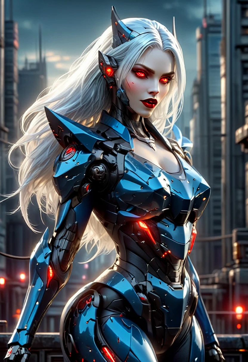 ((a photorealistic glamour full body shot of an exquisite, glamour mecha female vampire: 1.5)), ((full body: 1.3)), ultra feminine, pale face, silver hair, long vibrant shiny hair, glamorous hair,  red eyes, miniatures mechanical , deep penetrating eyes, red lips, lustful lips, ((two visible vampiric fangs: 1.5), drops of blood dripping from the mouth, ((cyberpunk style: 1.5)), she wears (blue elegant glamour dress, with small delicate mechanical parts: 1.4), digital parts,  intricate details, the dress is studded with diamonds, tight suit, dynamic color, high heels, cyberpunk street at night background, (highest quality:1.2, Very detailed, up to date, Vibrant, Ultra-high resolution, High Contrast, masterpiece:1.2, highest quality, Best aesthetics), best details, best quality, highres, ultra wide angle, 16k, [ultra detailed], masterpiece, best quality, (extremely detailed), Genetically modified..., Cinematic Hollywood Film, aetherpunkai