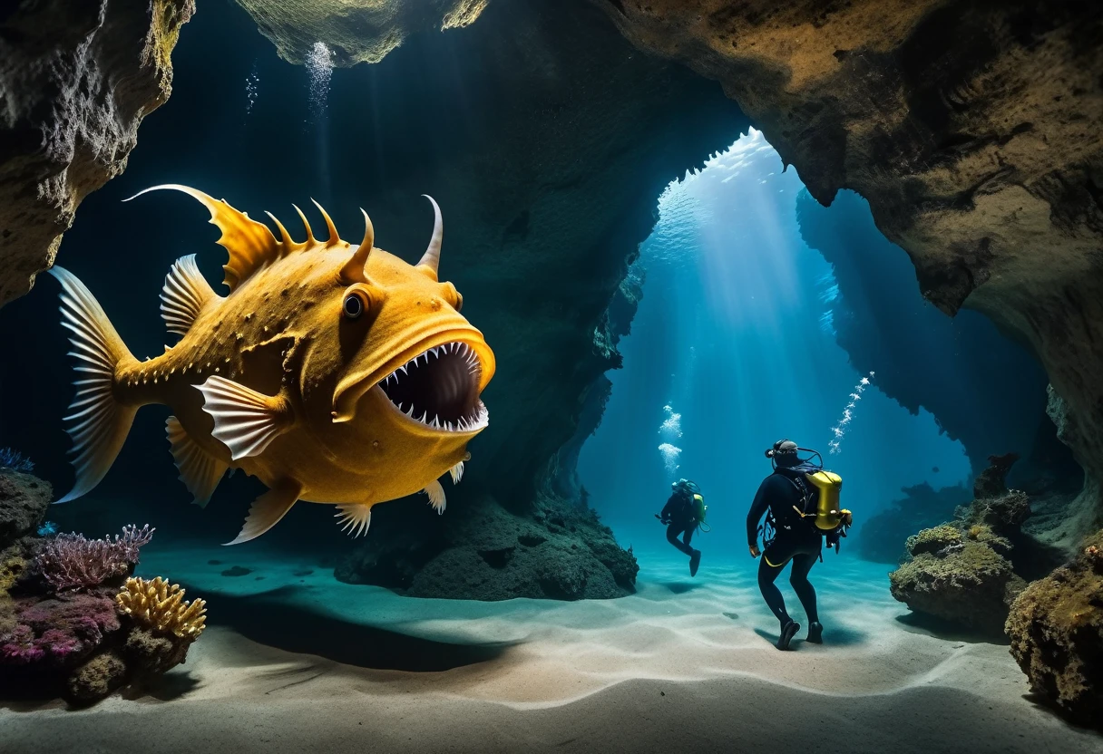 A giant cave-like mimic of an anglerfish、The treasure hunter divers approach without noticing.、Reality、Fantasy、
