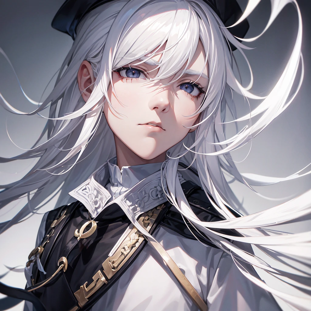 1man,White Hair,Black eyes with no highlights,A sharp face,Expressionless