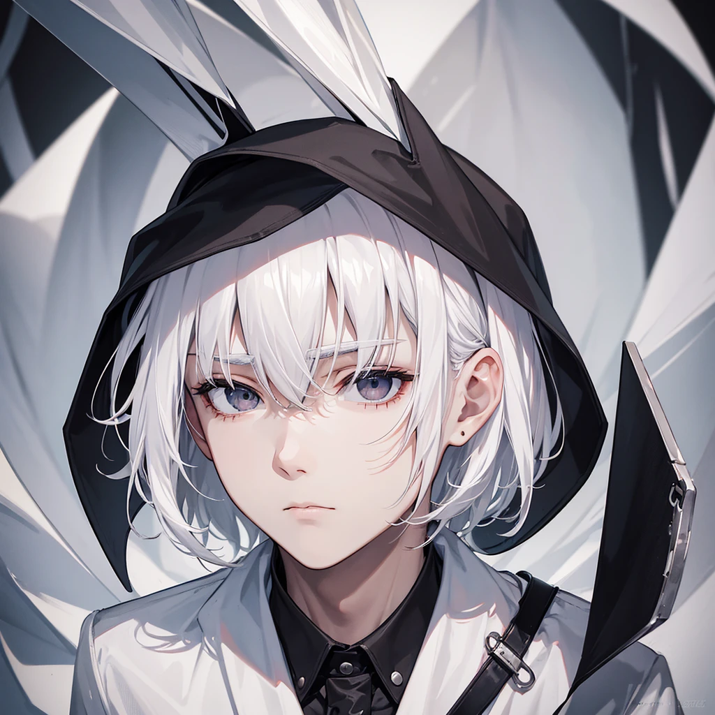 1man,White Hair,Black eyes with no highlights,A sharp face,Expressionless