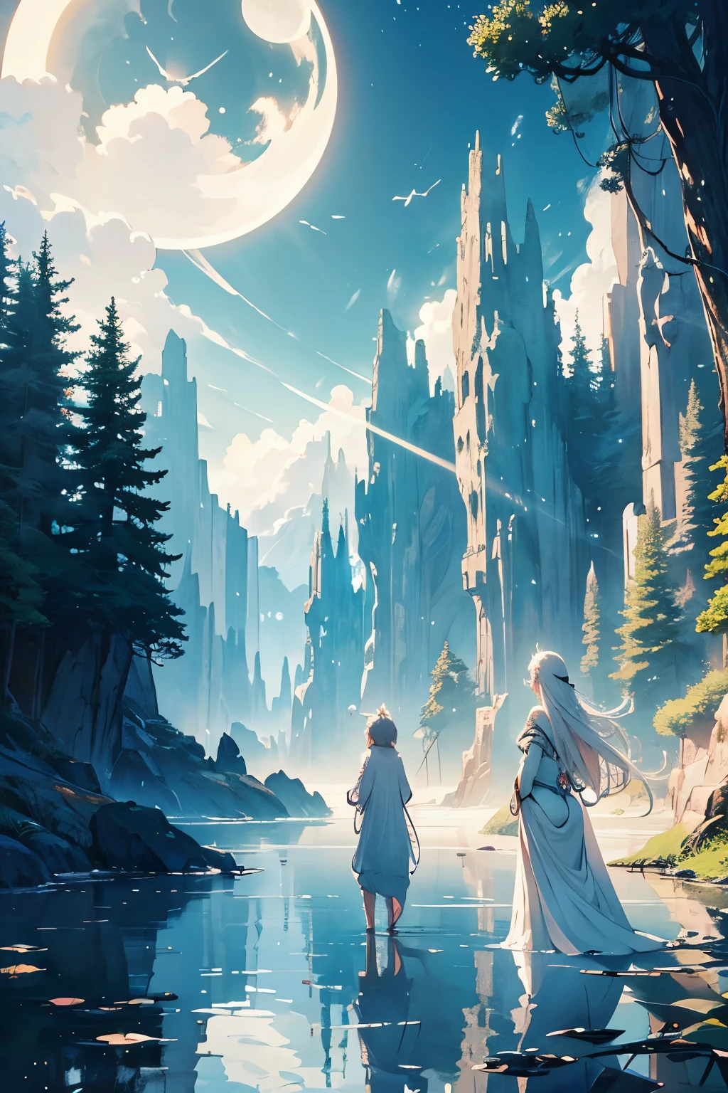 Tranquil otherworldly landscape, bathed in soft, ethereal light, where mythical creatures wander peacefully under a serene sky adorned with multiple moons