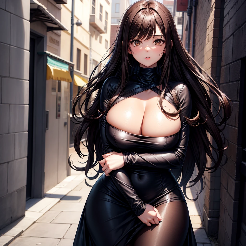 / Brown eyes, long dark hair, / big tits / tight black dress