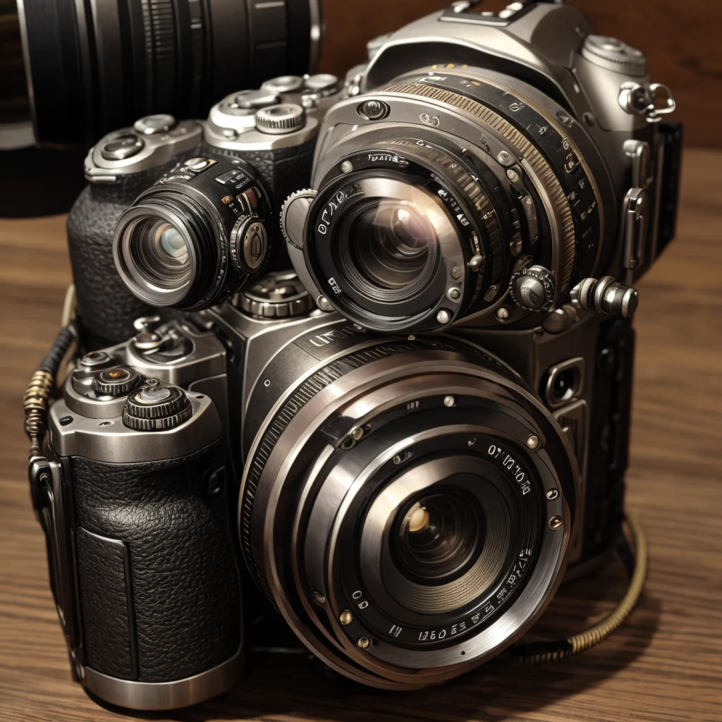 camera,SLR,steampunk,Background white,1 lens,camera1つ,Right facing