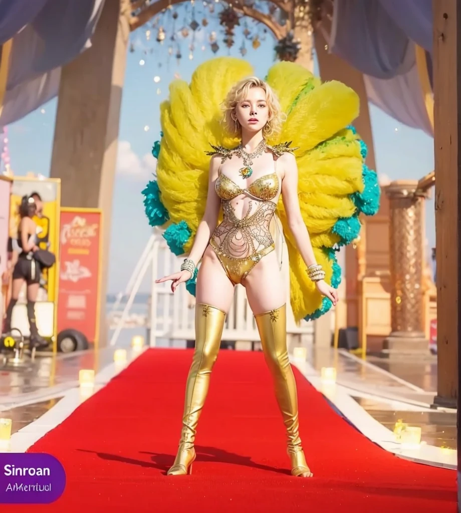 Cute 18 year old girl, Carnival Bikini Woman suit, short curly hair, blonde hair, beautiful face, rain, roof, masterpiece, exquisite details, perfect anatomy, fighting stance Realistic