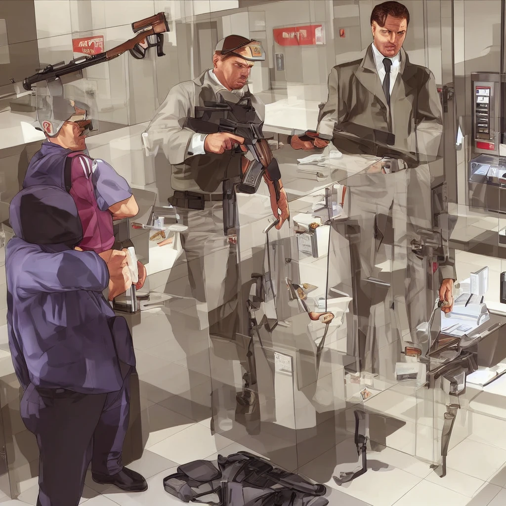 GTA cover art Three armed robbers are breaking into a bank safe.