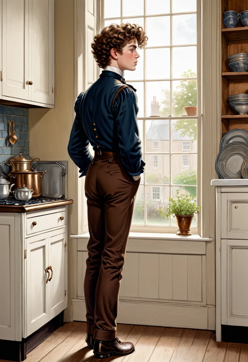 Full body shot in side view, young handsome Victorian boy with brown curly hair standing in an kitchen and looking out of the window coloured drawing in the style of 1871 Punch magazine illustrations. In the style of Charles Dana Gibson