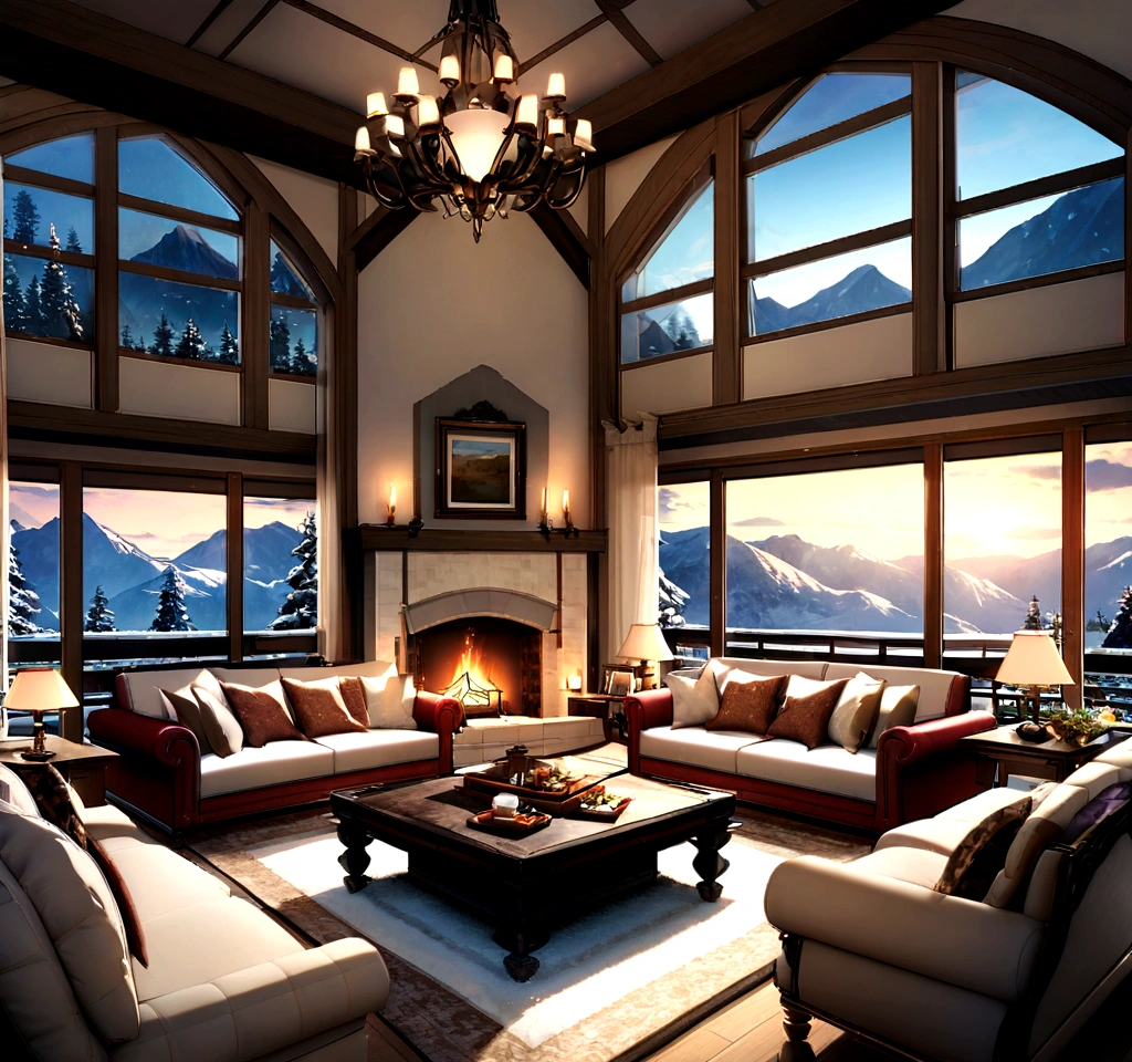 Comfortable mountain villa，Surrounded by stunning scenery, Large windows let in natural light，Enjoy panoramic views of the snow-capped mountains. The interior is decorated with comfortable furniture, A lit fireplace and a cozy atmosphere, Invites you to relax，Enjoy the tranquility of nature