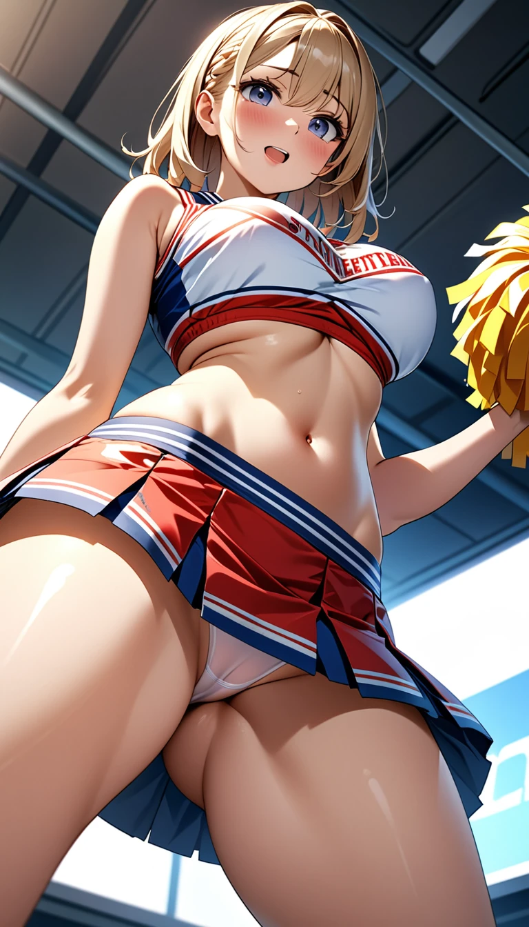 (Masterpiece、Highest quality、Very detailed、4K)、One Woman、、Big Breasts、Thighs、(Cheerleader、stand、(Angle from below)、No underwear