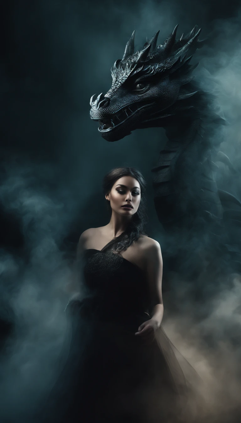 “A realcartoon style of digital artwork featuring a mysterious woman. The woman face is half covered by a smoke forming transparent dragon mask. Their surroundings are full of mist and subtle reflections, emphasizing the surreal blend of human form and smoke elements. The lighting cinematic, producing dramatic shadows and highlights. The background is mysterious and mystic smoke in the dark." 🌟✨