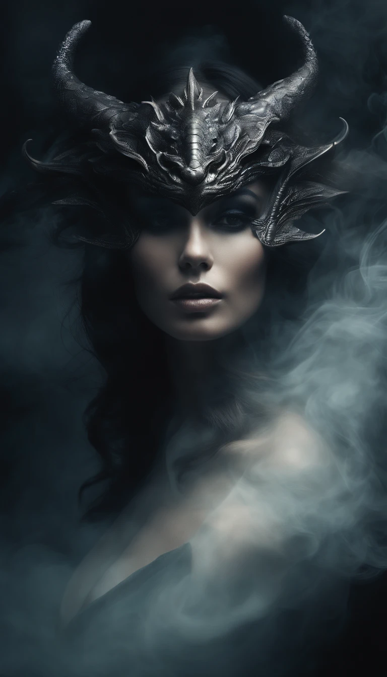 “A realcartoon style of digital artwork featuring a mysterious woman. The woman  face is half covered by a smoke forming transparent dragon mask. Their surroundings are full of mist and subtle reflections, emphasizing the surreal blend of human form and smoke elements. The lighting cinematic, producing dramatic shadows and highlights. The background is mysterious and mystic smoke in the dark." 🌟✨