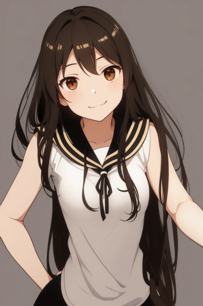 Please draw a high school girl with long brown hair.。Wearing a uniform。Standing with the whole body facing forward。The face is smiling with the mouth closed。Keep your arms down at your sides。Please shoot from the head to the upper body。No pose needed。Plain white background、Remove light and shadow effects。