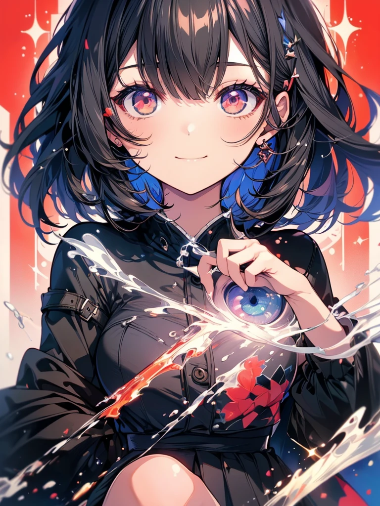 (masterpiece, highest quality, highest quality, (No text), Beautiful and aesthetic:1.2),No text,アニメ、 BREAK,One Girl，Short black hair　Beautiful eyes　Red eyes　Beautiful girl　cool　smile　Black Coat　mini skirt　whole body　Night view　Detailed eyes and face
