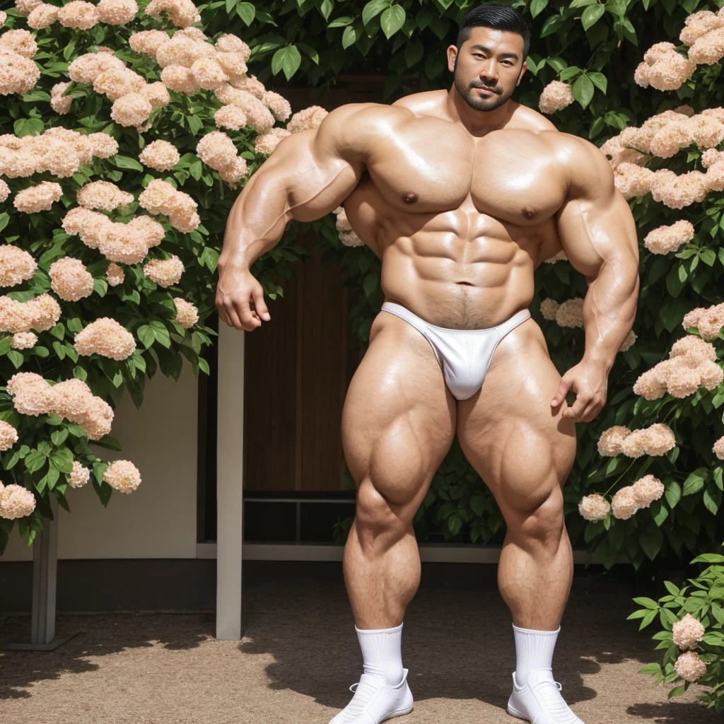 There is only one handsome Asian actor in the picture,35 years old,Tall and handsome, Toned body,short hair, O-Shaped Beard,Perfect body, Dark skin,Glowing skin,Smooth skin,The body is hairless,Muscle bulge, Muscular, Very large pectoral muscles,Very sexy abdominal muscles,Very well-developed leg muscles,Huge concave and convex area,Brightens oily skin,Wearing a white leather shiny thong,Handsome face, Correct and accurate male body proportions, Wear white leather socks,Stand among the flowers。